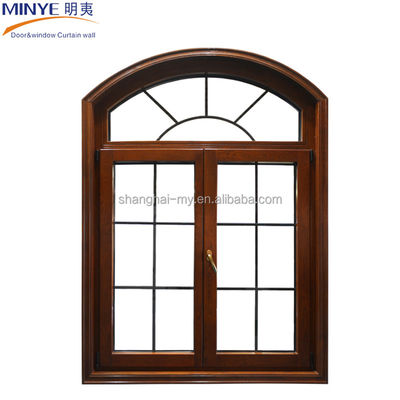 Wooden Grain Aluminum Alloy Classical Design Arch Casement Window for House Decoration