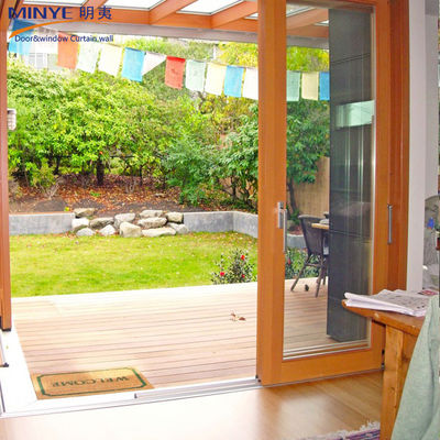 Aluminum Hanging System Wooden Grain Glass Sliding Door with Prefabricated Frame